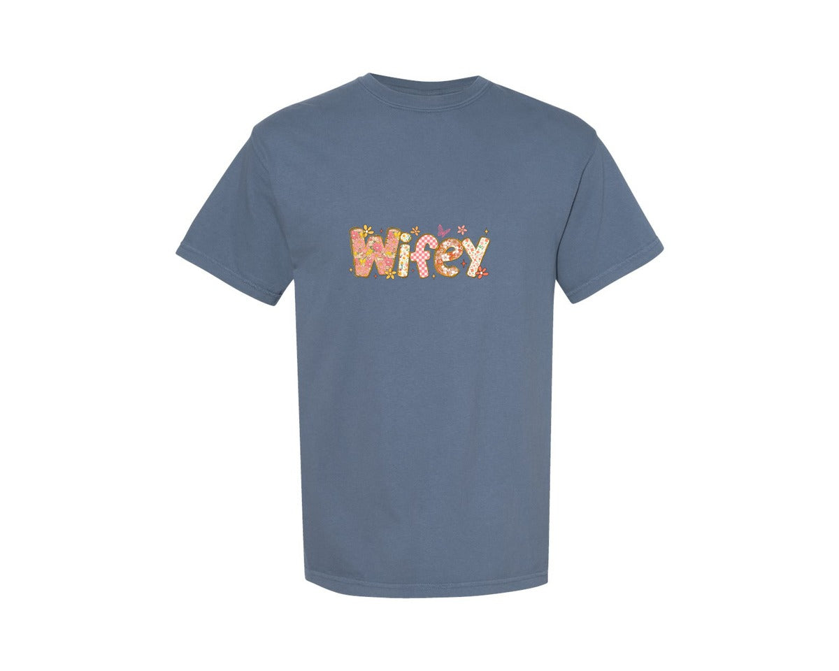 brand:Comfort Colors|color:Blue Jean|Retro Floral Wifey Shirt Design Graphic T-Shirt