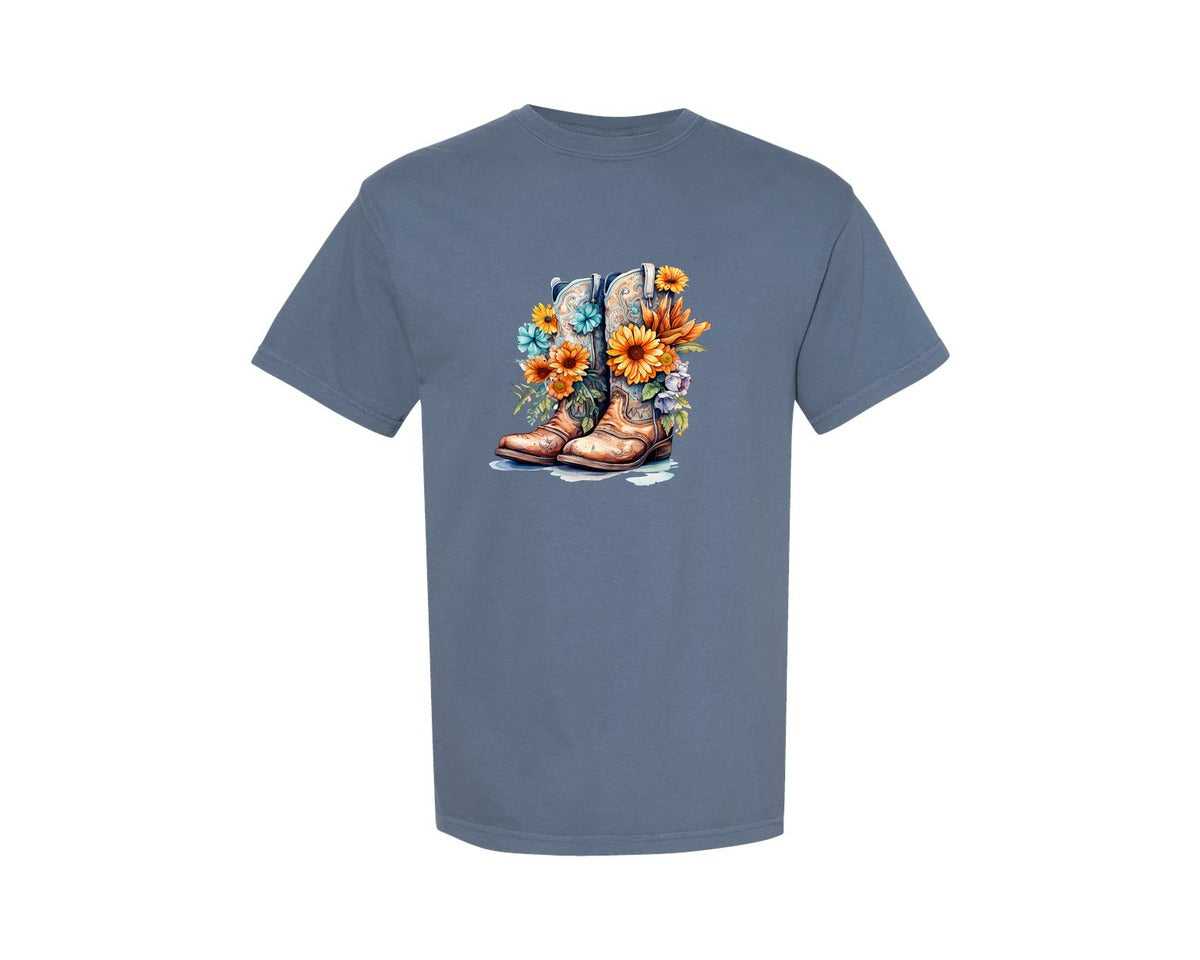 brand:Comfort Colors|color:Blue Jean|Hippie Cowboy Boots Wild Flowers Graphic T-Shirt
