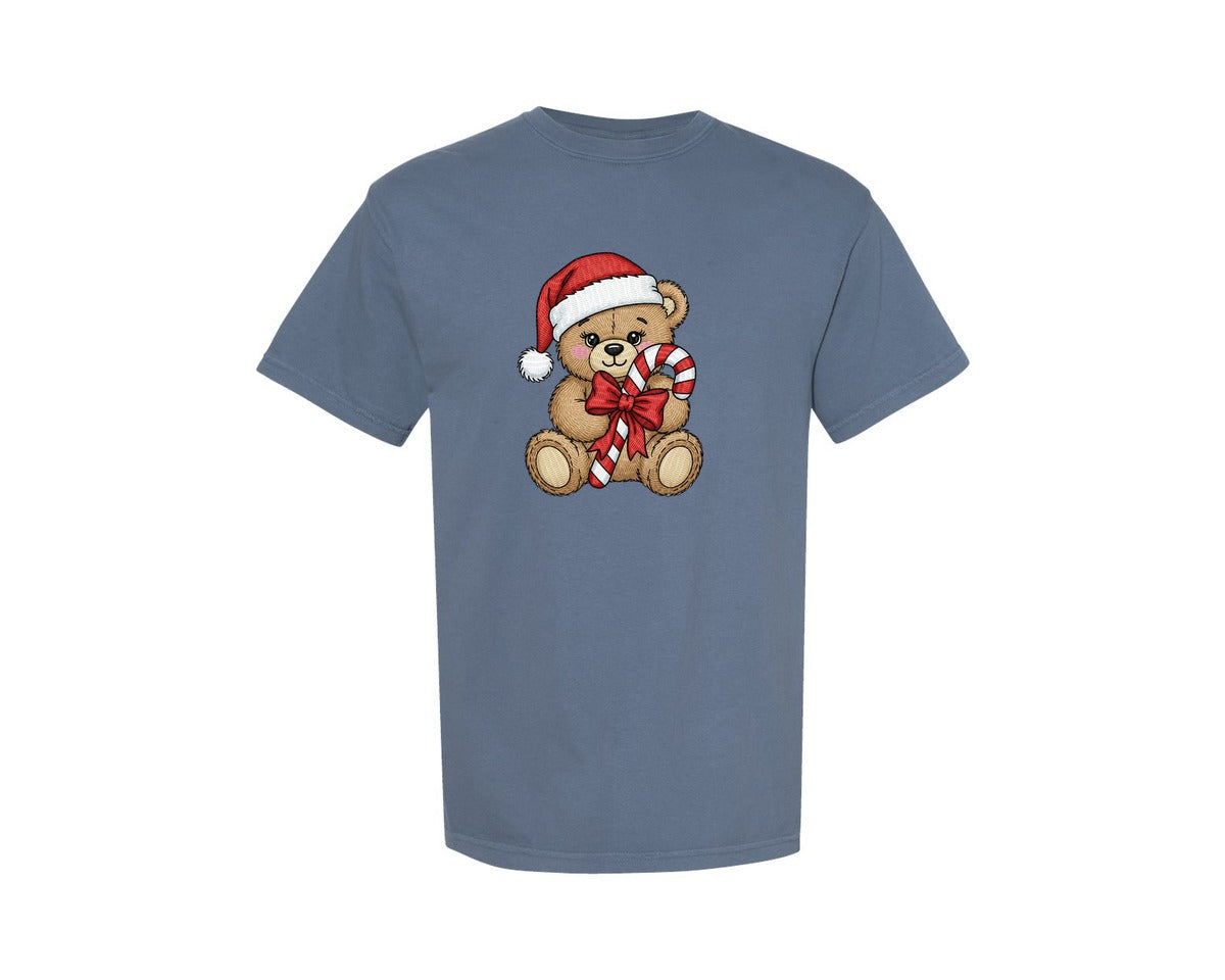 brand:Comfort Colors|color:Blue Jean|Christmas Teddy Bear Embroidery 2 Graphic T-Shirt