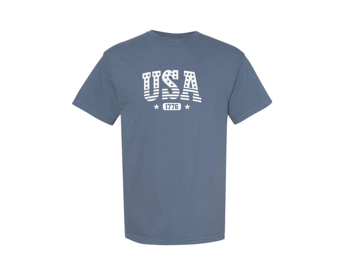 brand:Comfort Colors|color:Blue Jean|4Th Of July Usa Flag 1776 Patriotic Graphic T-Shirt