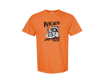 brand:Comfort Colors|color:Burnt Orange|Mental Health Raccoon Pancakes And Panic Graphic T-Shirt