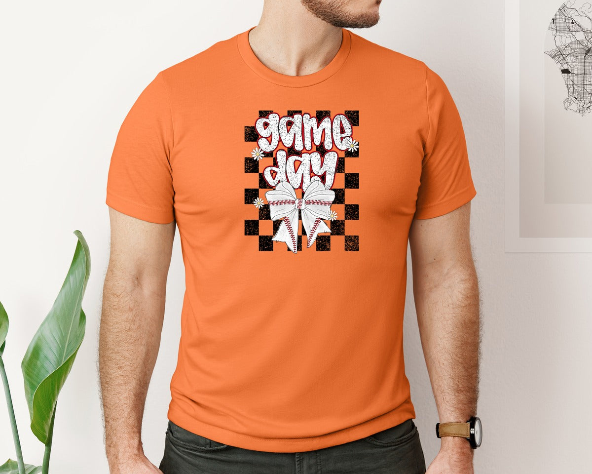 brand:Bella Canvas|color:Burnt Orange|Checkered Baseball Game Day Graphic T-Shirt