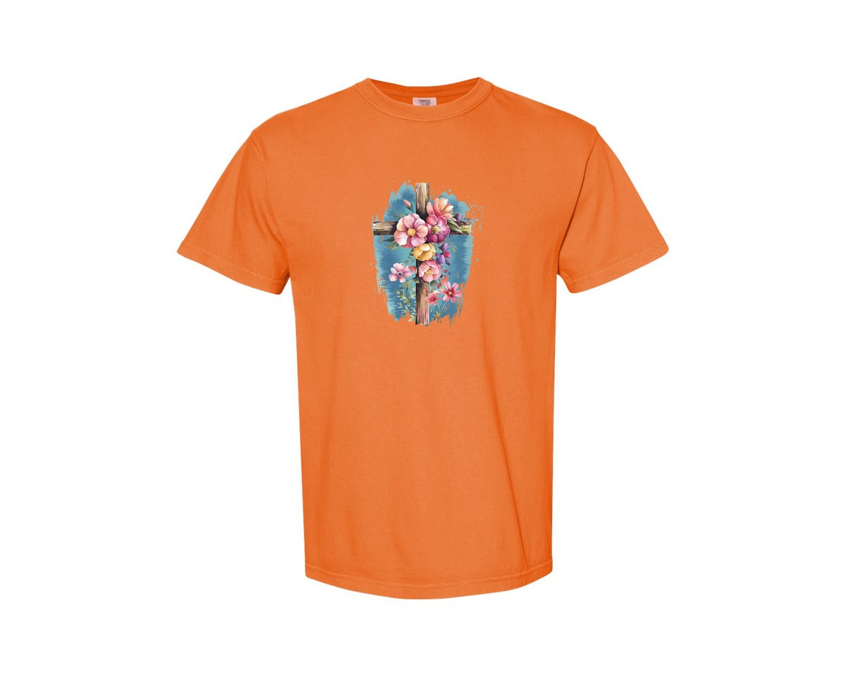 brand:Comfort Colors|color:Burnt Orange|Floral Christian Cross Graphic T-Shirt