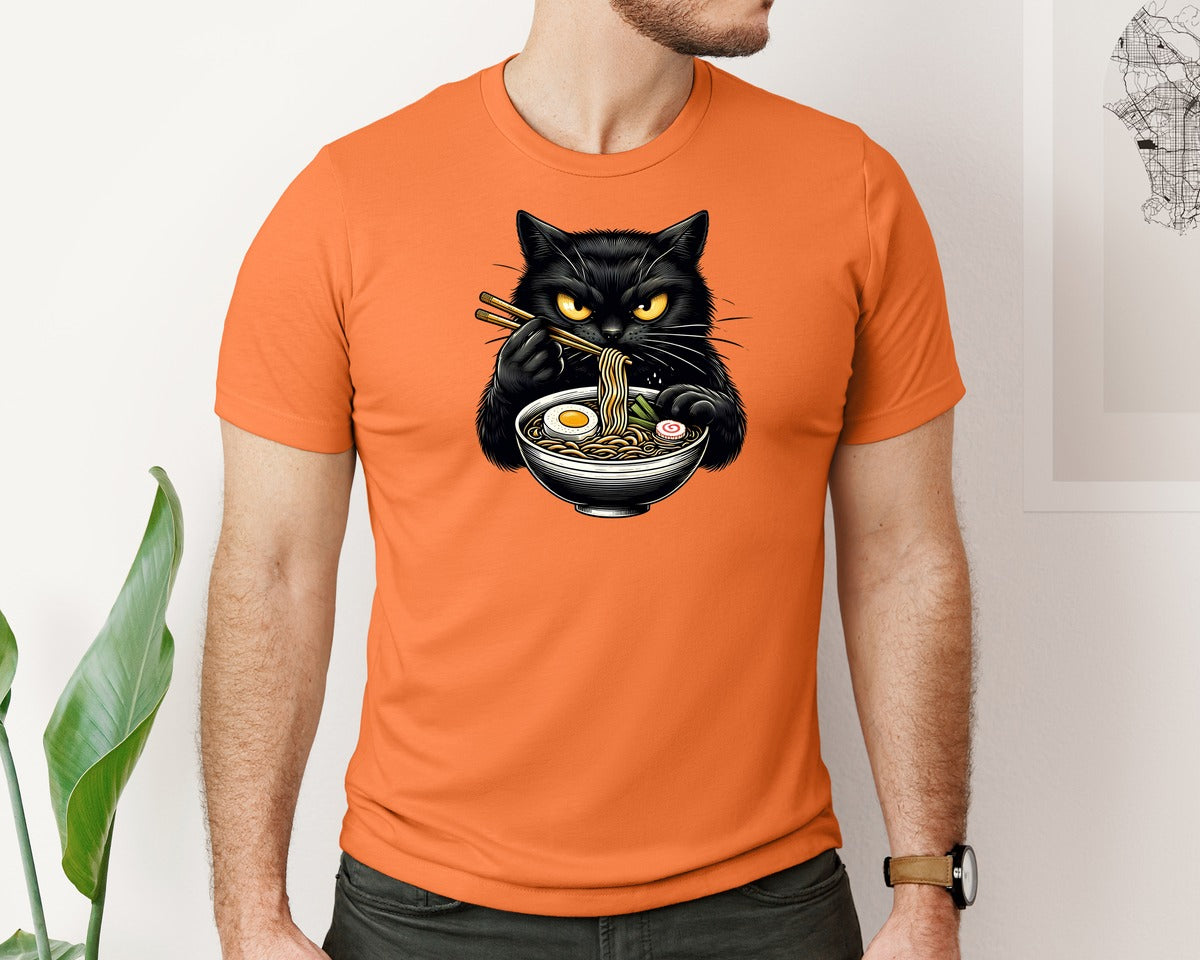 brand:Bella Canvas|color:Burnt Orange|Cute Black Cat Eating Ramen Noodle 3 Graphic T-Shirt