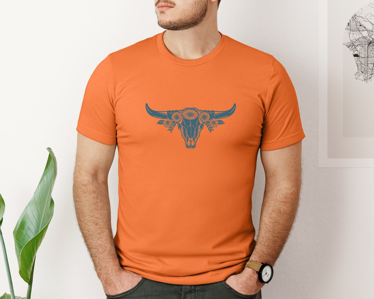 brand:Bella Canvas|color:Burnt Orange|Western Bull Skull Longhorn Boho Flowers 4 Graphic T-Shirt