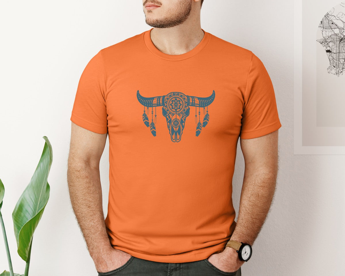brand:Bella Canvas|color:Burnt Orange|Western Bull Skull Aztec Boho Longhorn Graphic T-Shirt