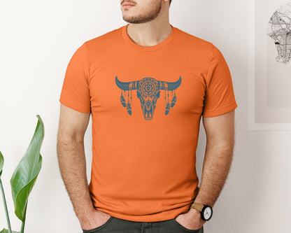 brand:Bella Canvas|color:Burnt Orange|Western Bull Skull Aztec Boho Longhorn Graphic T-Shirt