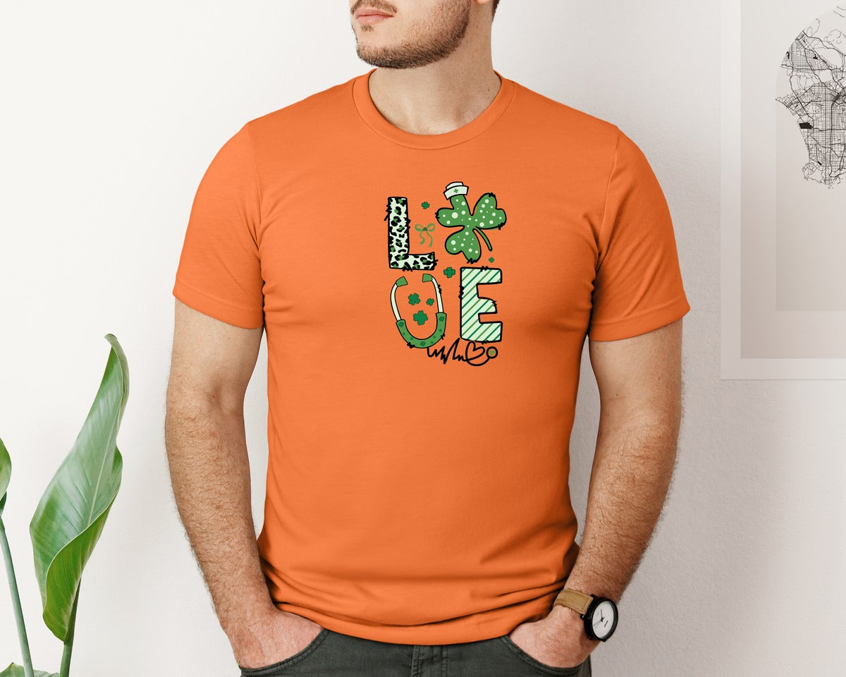 brand:Bella Canvas|color:Burnt Orange|Nurse Love Clover Shamrock St Patricks Graphic T-Shirt