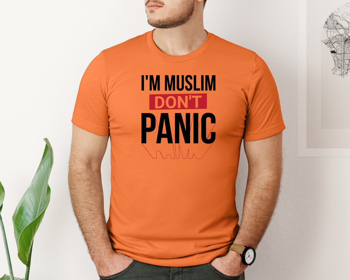 brand:Bella Canvas|color:Burnt Orange|Im Muslim Dont Panic Muslim Quote Is Graphic T-Shirt