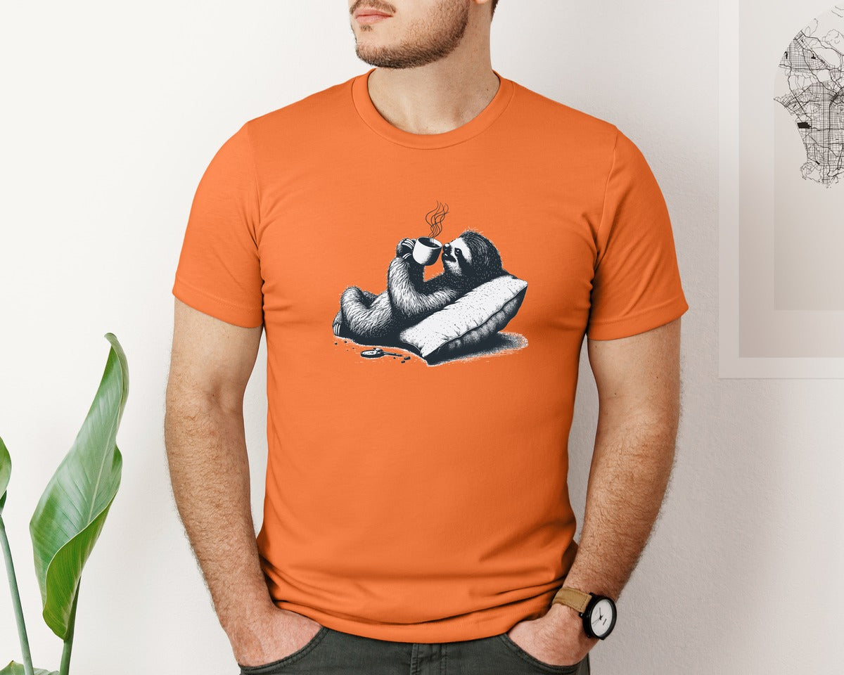 brand:Bella Canvas|color:Burnt Orange|Sloth Lying And Drink Coffee Shirt Graphic T-Shirt