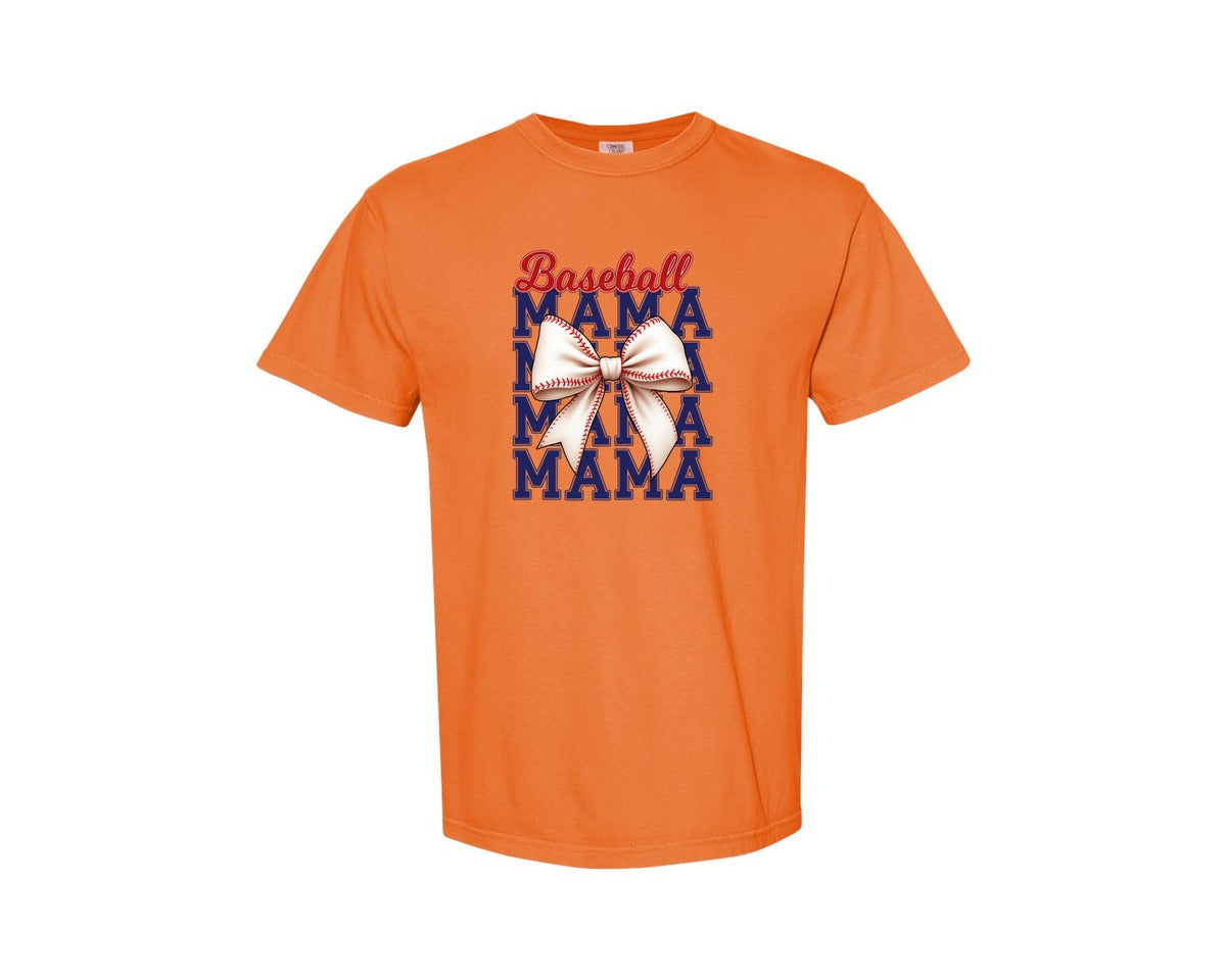 brand:Comfort Colors|color:Burnt Orange|Baseball Mama Mom Coquette Bow Game Graphic T-Shirt