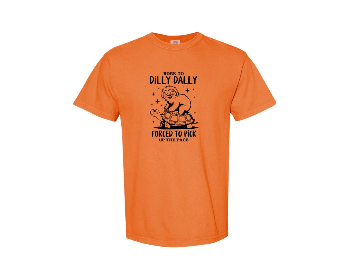 brand:Comfort Colors|color:Burnt Orange|Born To Dilly Dally Funny Sloth Graphic T-Shirt