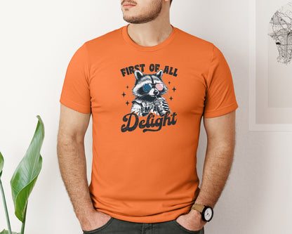 brand:Bella Canvas|color:Burnt Orange|First Of All Im A Delight Funny Raccoon 3 Graphic T-Shirt