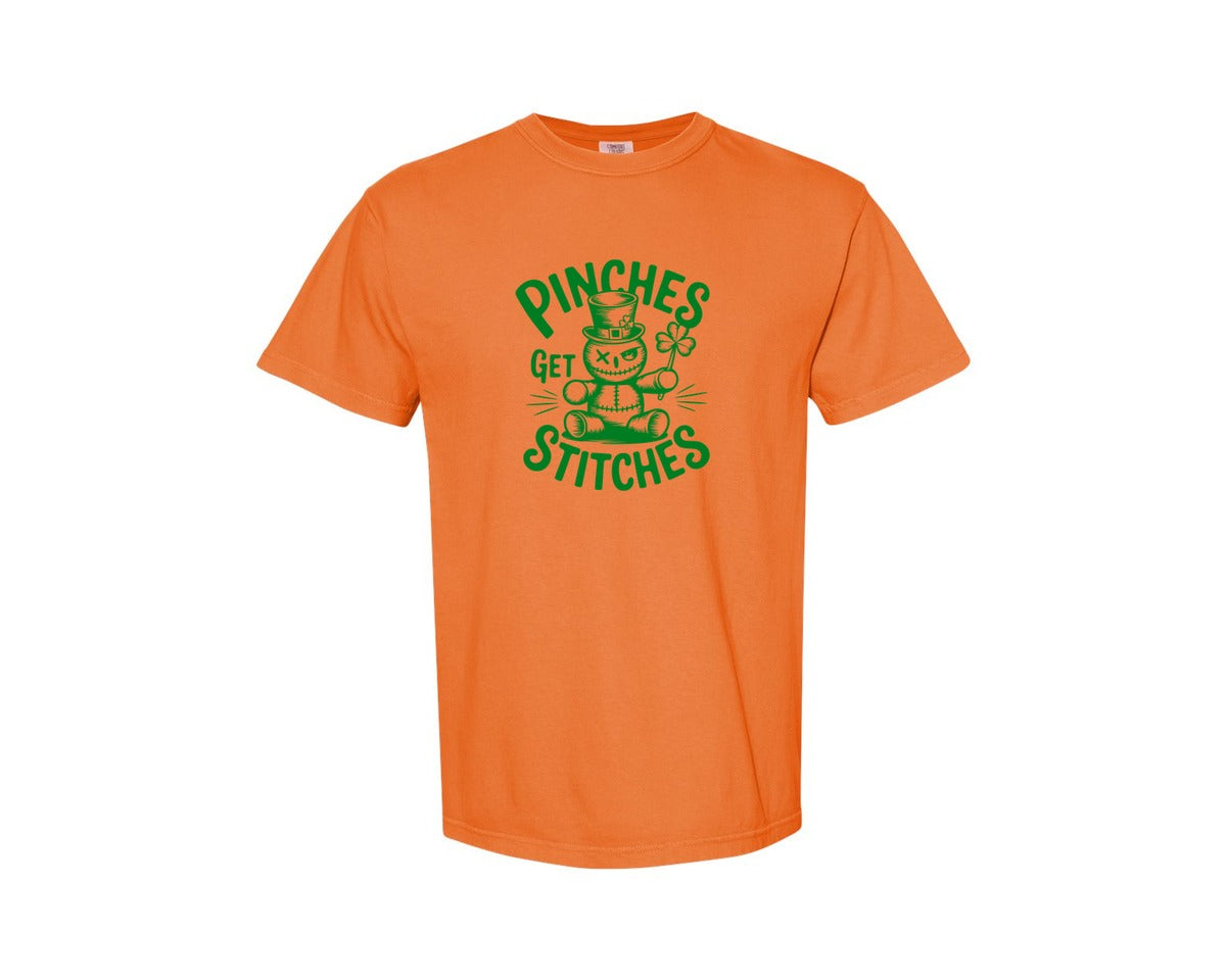 brand:Comfort Colors|color:Burnt Orange|Pinches Get Stitches Funny St Patri Graphic T-Shirt