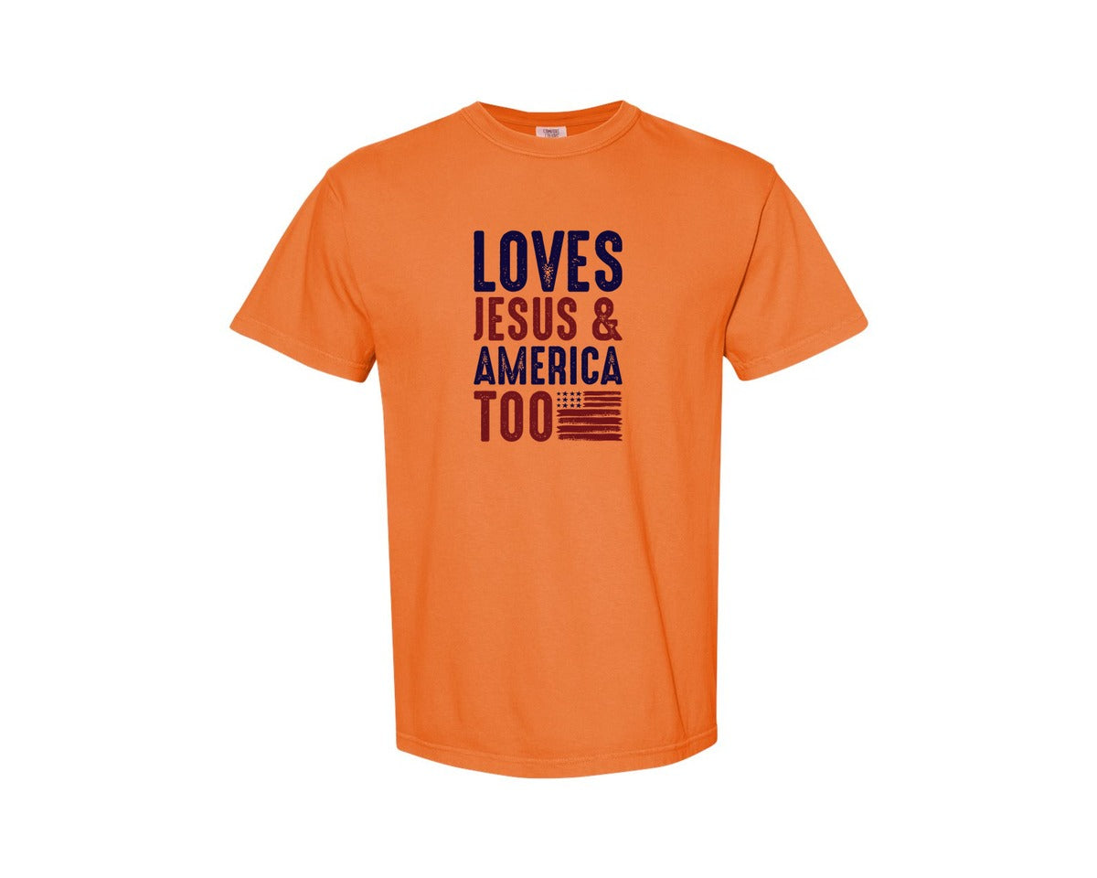 brand:Comfort Colors|color:Burnt Orange|Loves Jesus And America Too Jesus Graphic T-Shirt