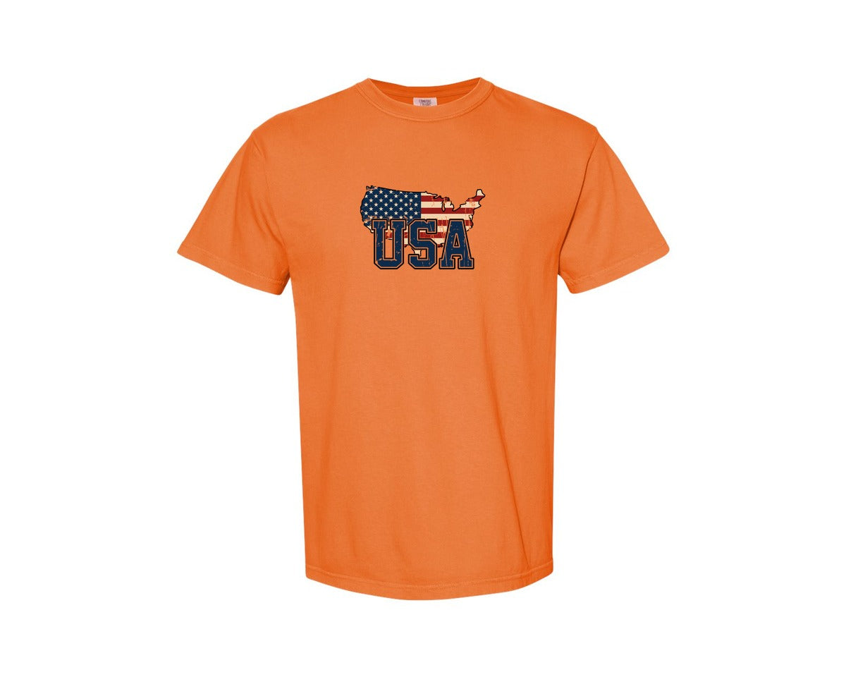 brand:Comfort Colors|color:Burnt Orange|America Usa Map 4Th Of July Patriotic Graphic T-Shirt
