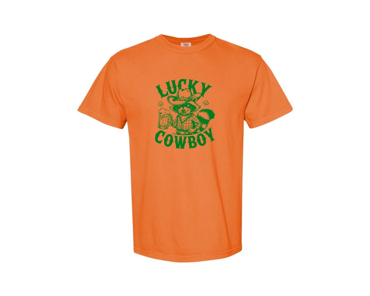 brand:Comfort Colors|color:Burnt Orange|Lucky Cowboy Funny St Patricks Day Graphic T-Shirt