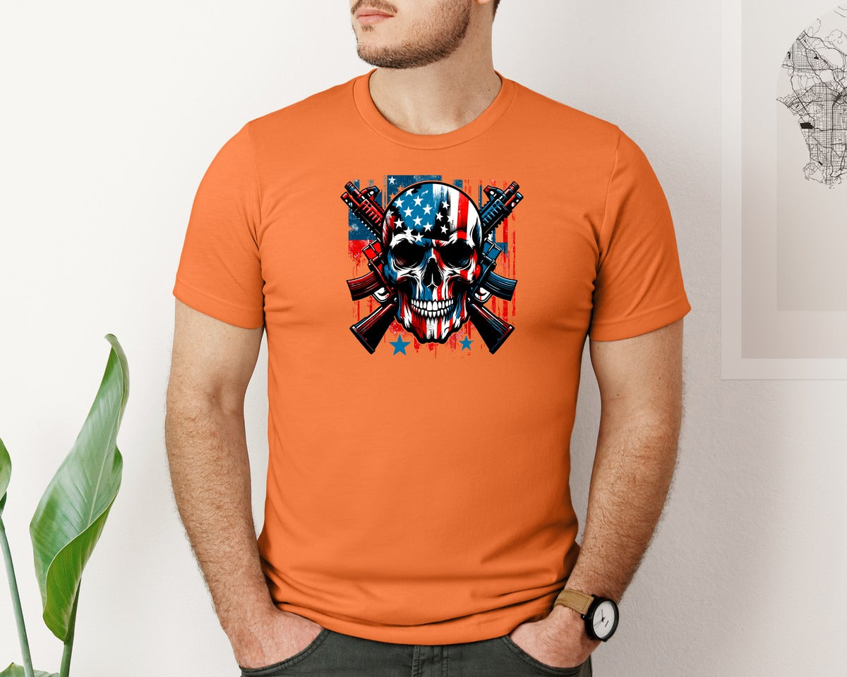 brand:Bella Canvas|color:Burnt Orange|Skull With American Flag 4Th Of July 11 Graphic T-Shirt