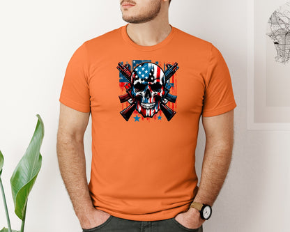 brand:Bella Canvas|color:Burnt Orange|Skull With American Flag 4Th Of July 11 Graphic T-Shirt