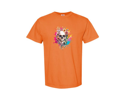 brand:Comfort Colors|color:Burnt Orange|Floral Skull Watercolor Skull Shirt Graphic T-Shirt