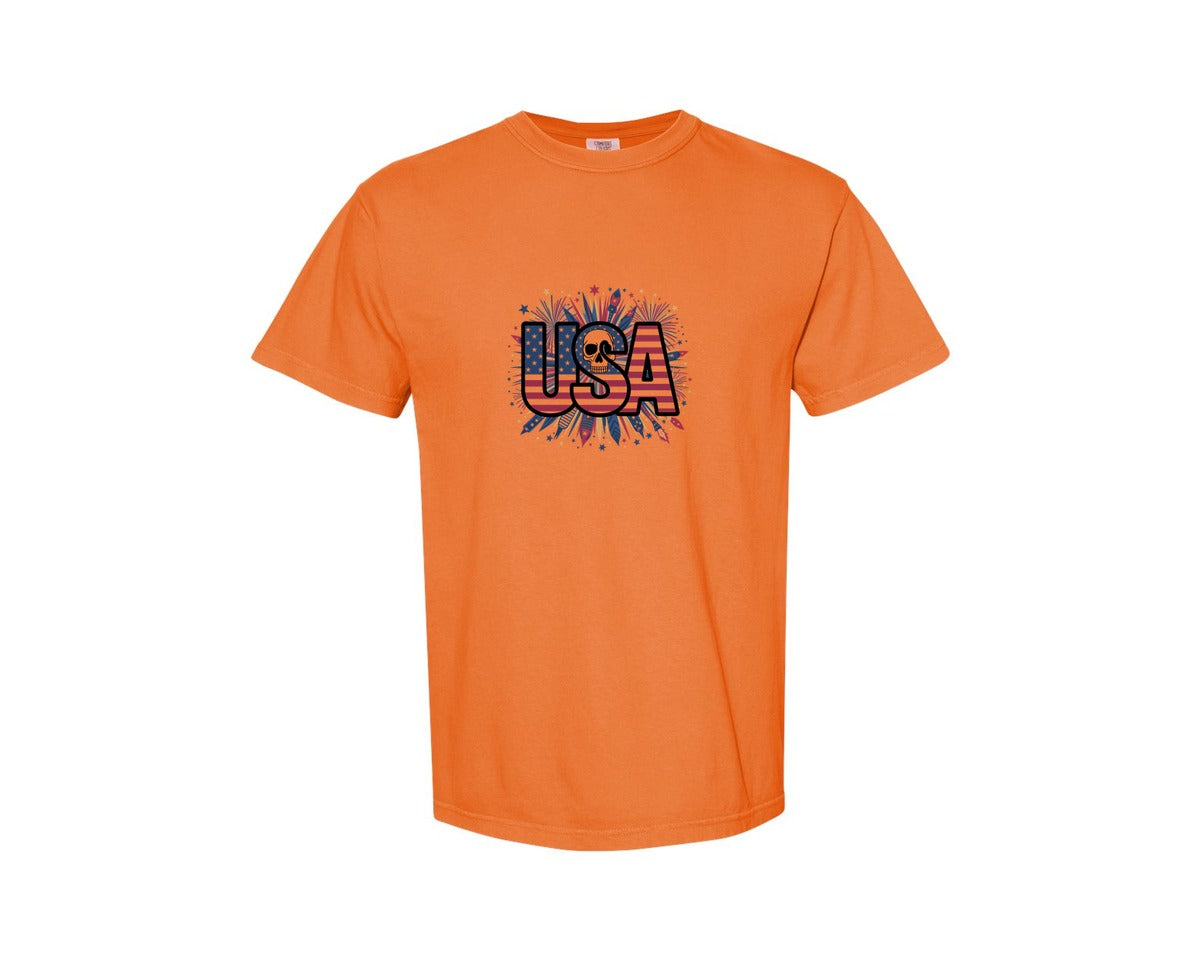 brand:Comfort Colors|color:Burnt Orange|Usa Skull Fireworks 4Th Of July T Shirt 2 Graphic T-Shirt