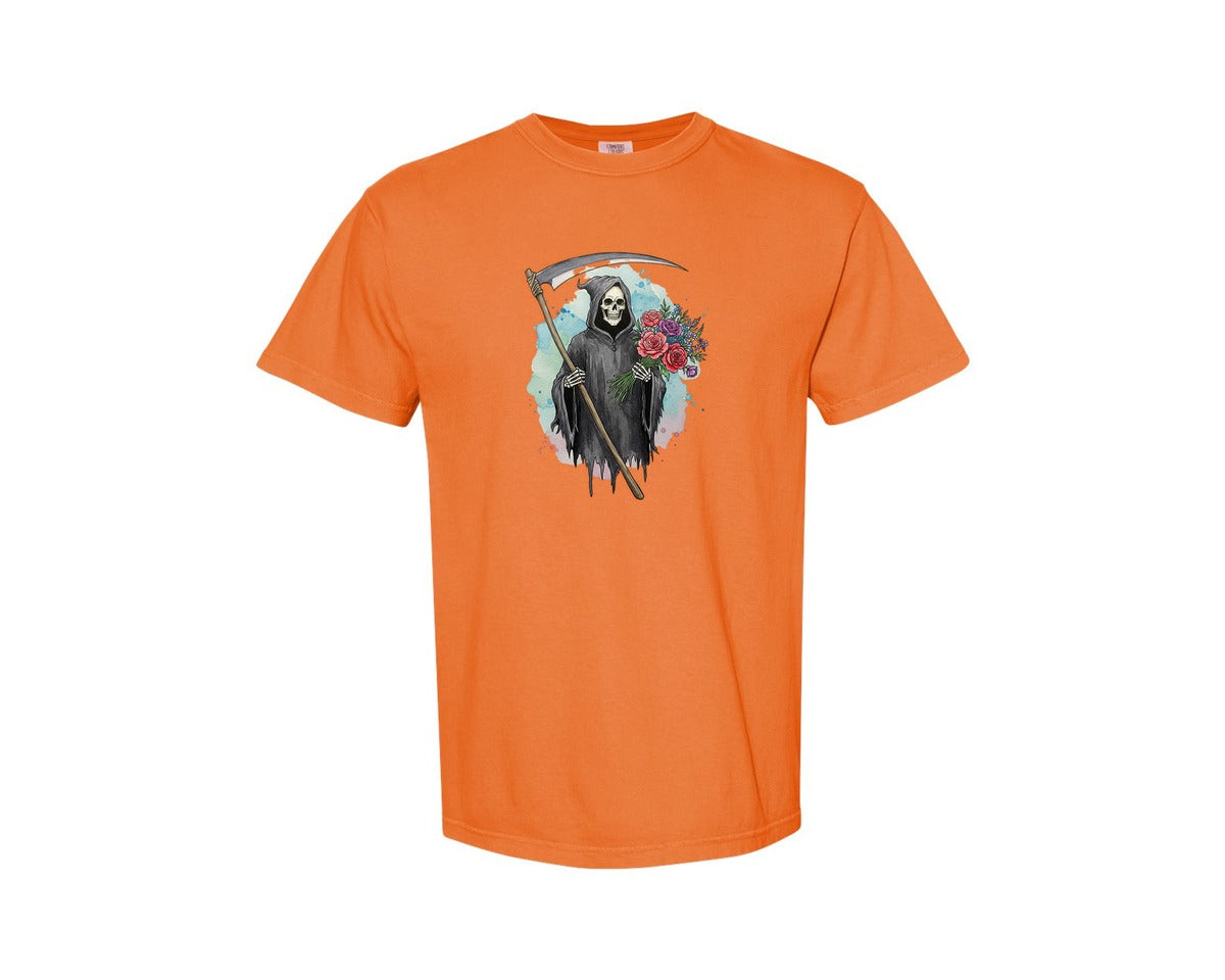 brand:Comfort Colors|color:Burnt Orange|Grim Reaper With Flowers Gothic Graphic T-Shirt