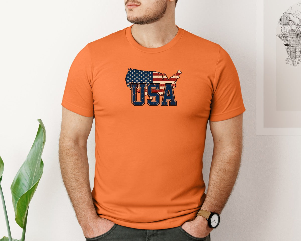 brand:Bella Canvas|color:Burnt Orange|America Usa Map 4Th Of July Patriotic Graphic T-Shirt