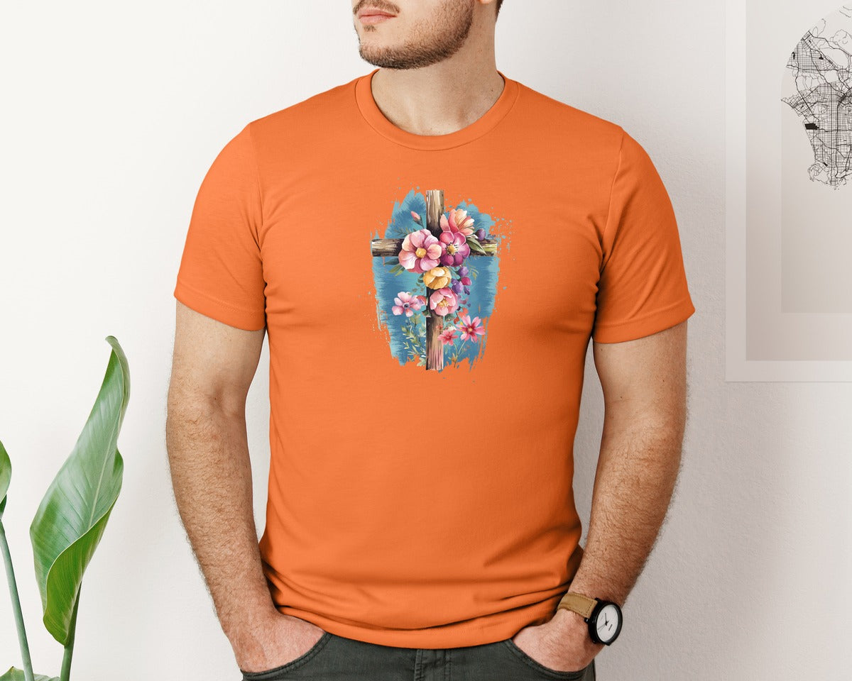 brand:Bella Canvas|color:Burnt Orange|Floral Christian Cross Graphic T-Shirt