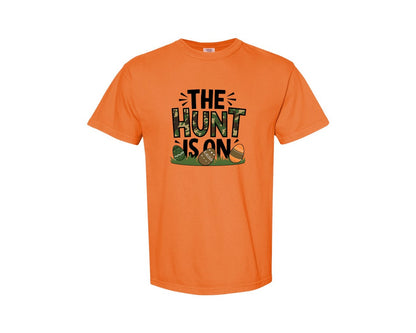 brand:Comfort Colors|color:Burnt Orange|The Hunt Is On Camo Easter Egg Camo Graphic T-Shirt