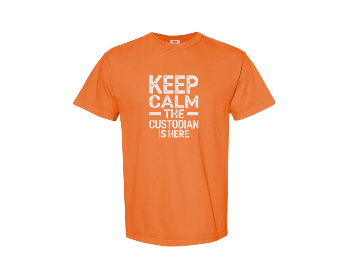 brand:Comfort Colors|color:Burnt Orange|Keep Calm Custodian Here Graphic T-Shirt