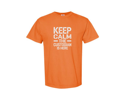 brand:Comfort Colors|color:Burnt Orange|Keep Calm Custodian Here Graphic T-Shirt