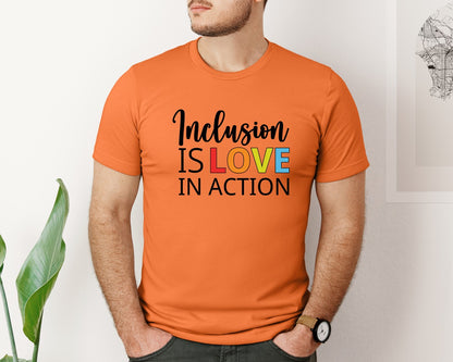 brand:Bella Canvas|color:Burnt Orange|Inclusion Is Love In Action T Shirt Graphic T-Shirt