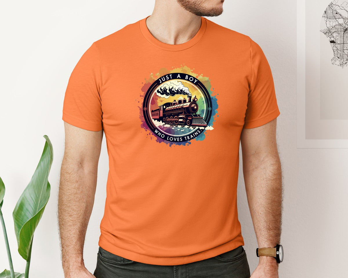 brand:Bella Canvas|color:Burnt Orange|Just A Boy Who Loves Trains Graphic T-Shirt