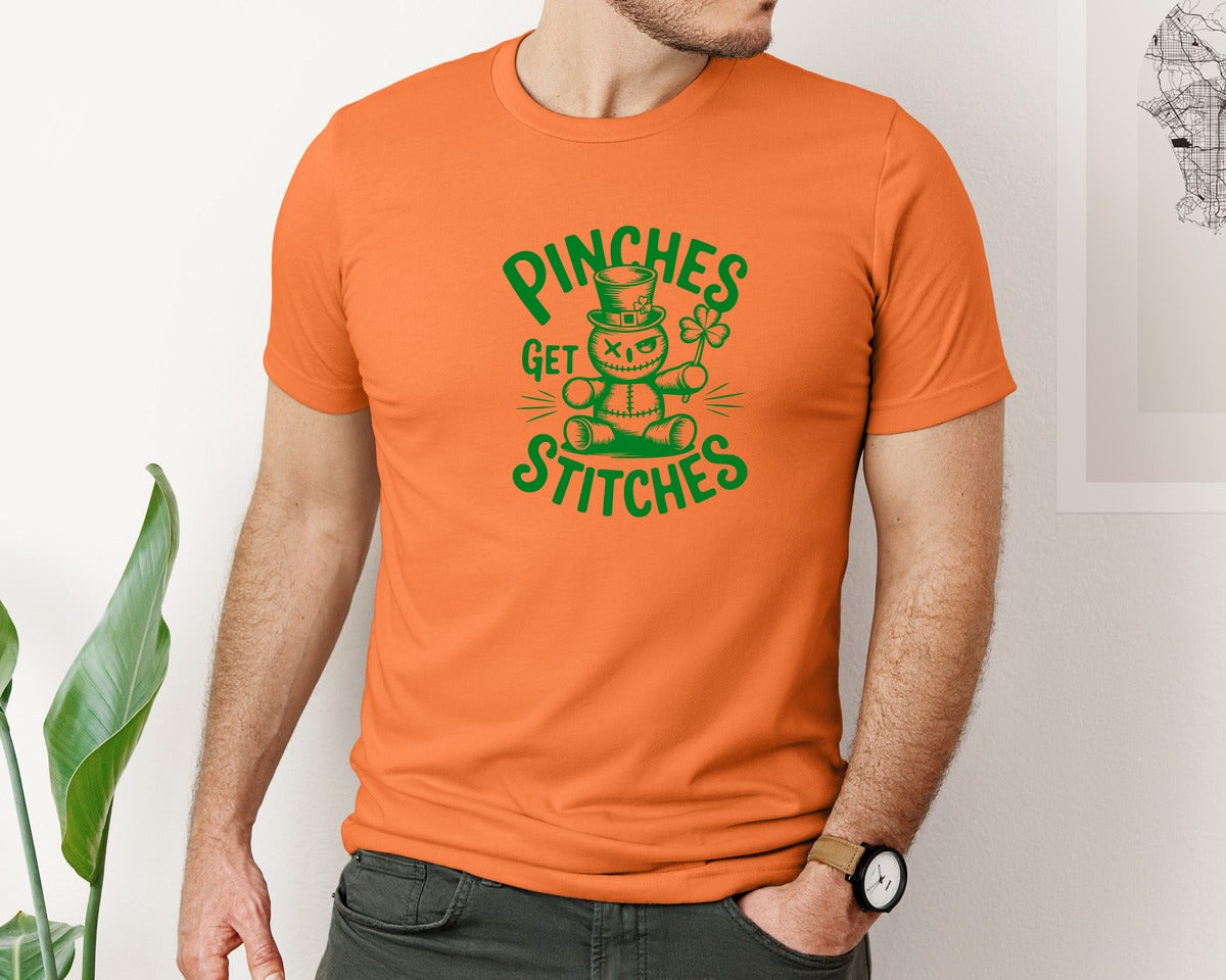 brand:Bella Canvas|color:Burnt Orange|Pinches Get Stitches Funny St Patri Graphic T-Shirt