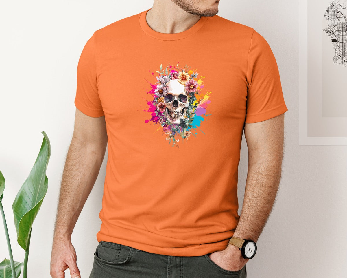brand:Bella Canvas|color:Burnt Orange|Floral Skull Watercolor Skull Shirt Graphic T-Shirt