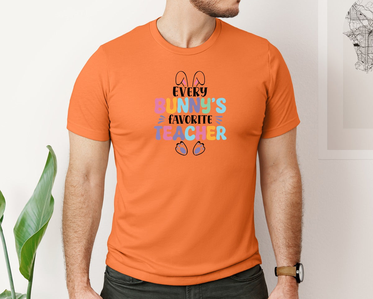 brand:Bella Canvas|color:Burnt Orange|Every Bunnys Favorite Teacher Easter 9 Graphic T-Shirt