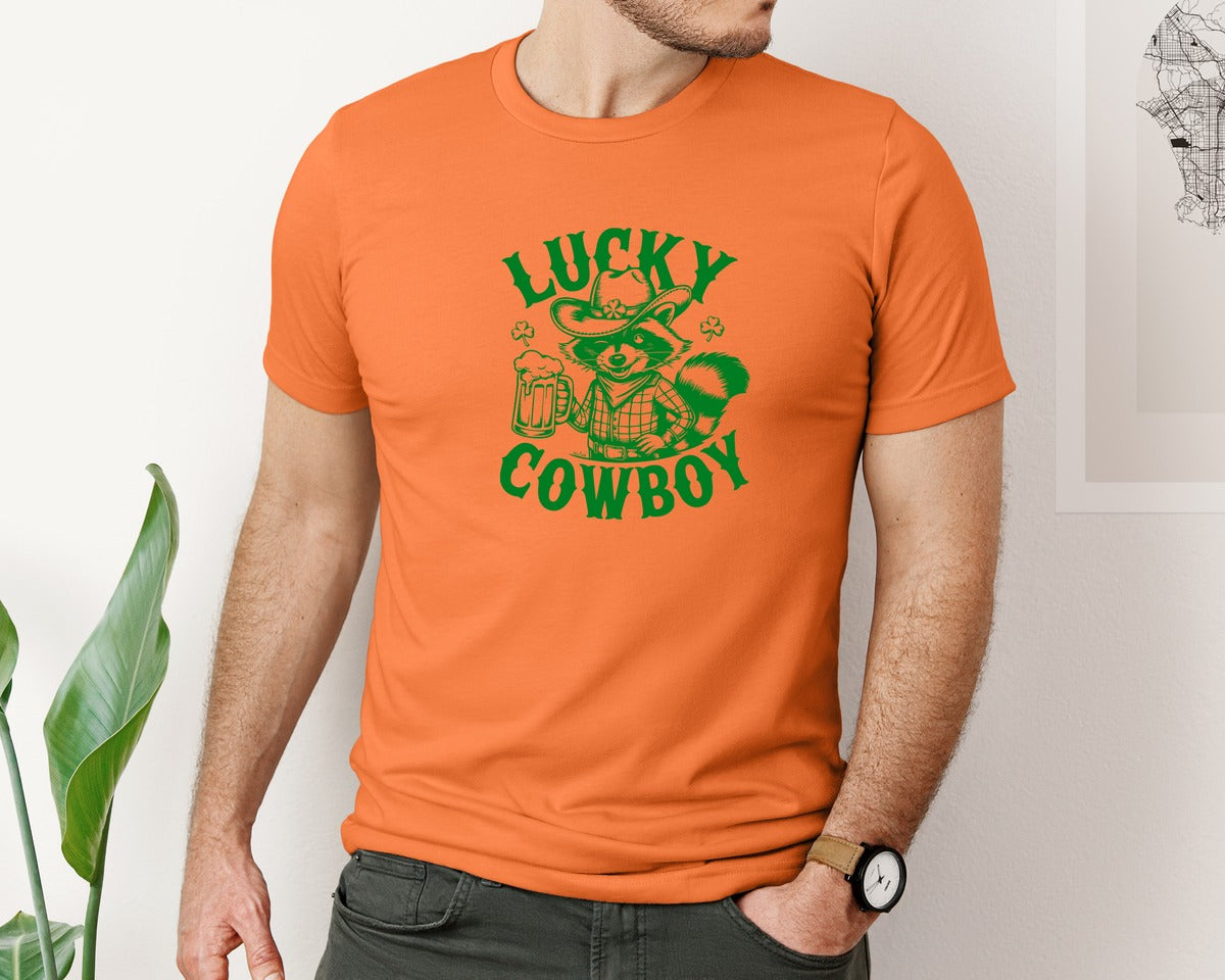 brand:Bella Canvas|color:Burnt Orange|Lucky Cowboy Funny St Patricks Day Graphic T-Shirt