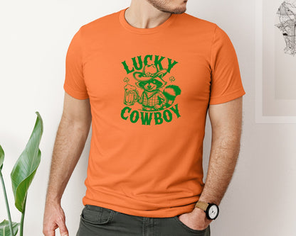 brand:Bella Canvas|color:Burnt Orange|Lucky Cowboy Funny St Patricks Day Graphic T-Shirt