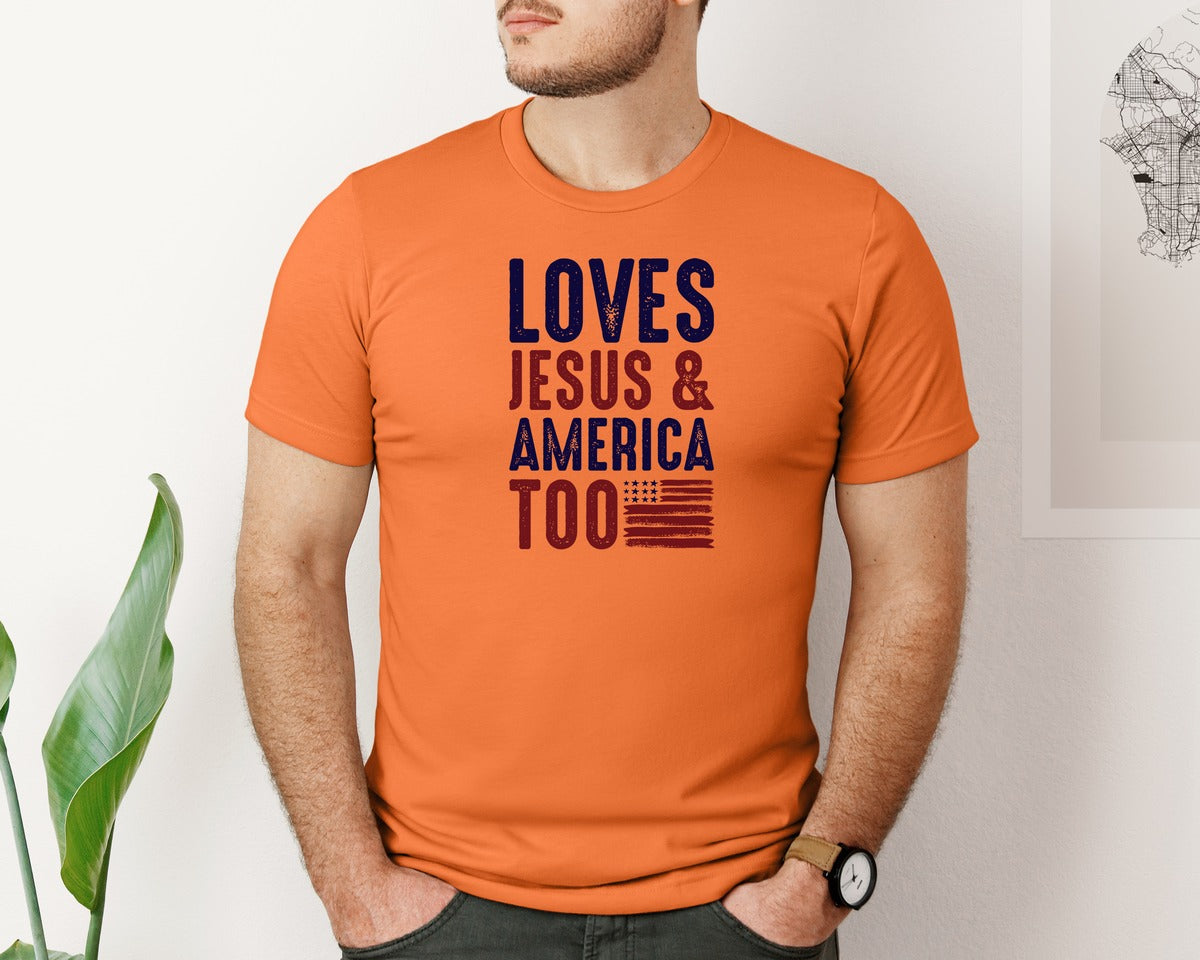 brand:Bella Canvas|color:Burnt Orange|Loves Jesus And America Too Jesus Graphic T-Shirt
