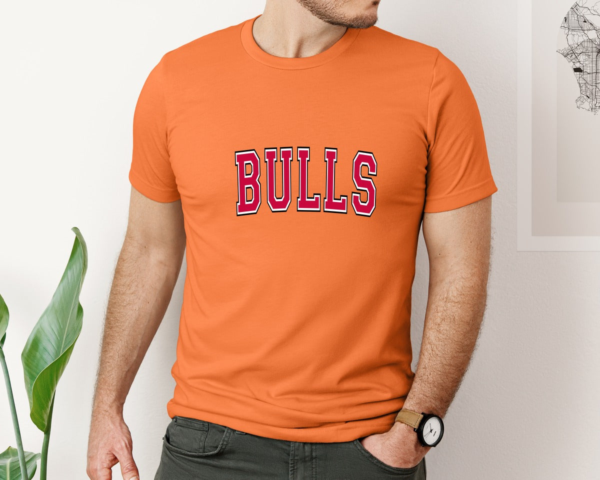 brand:Bella Canvas|color:Burnt Orange|Bulls Varsity Curved Graphic T-Shirt