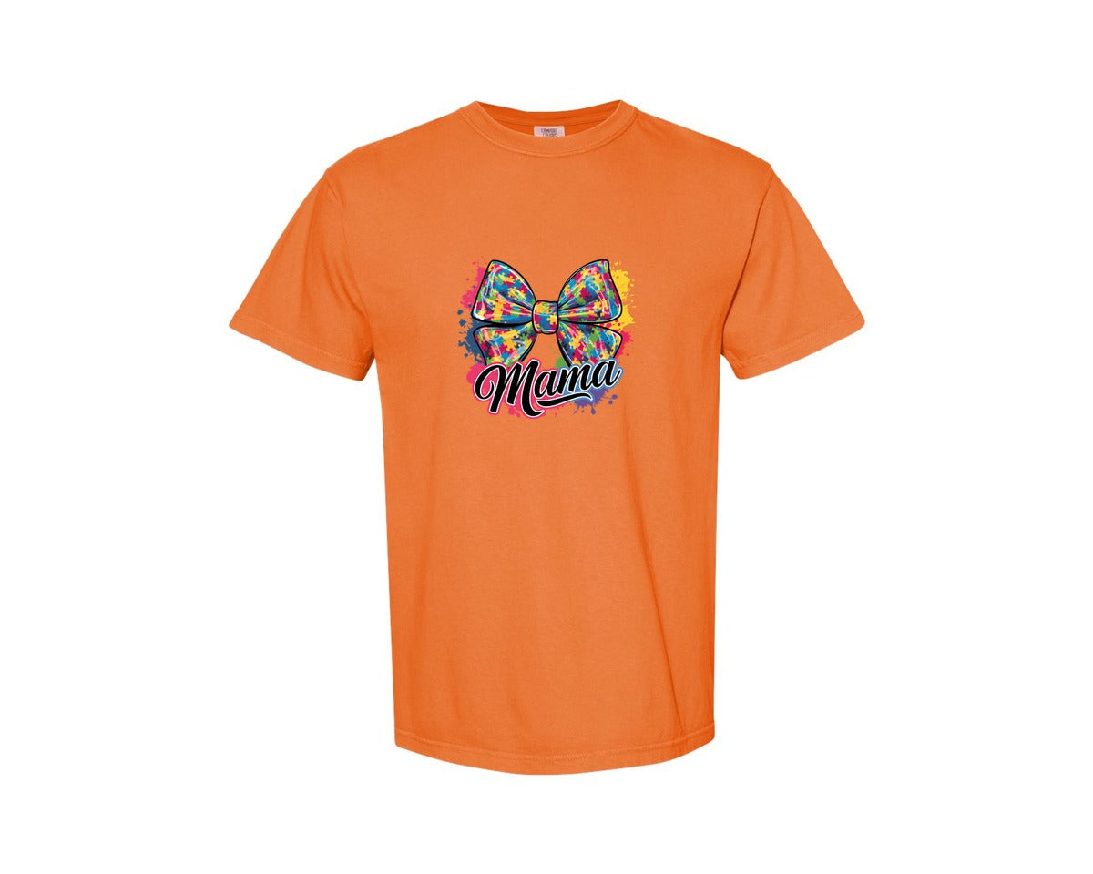 brand:Comfort Colors|color:Burnt Orange|Autism Mama Colorful Puzzle Bow Art Graphic T-Shirt