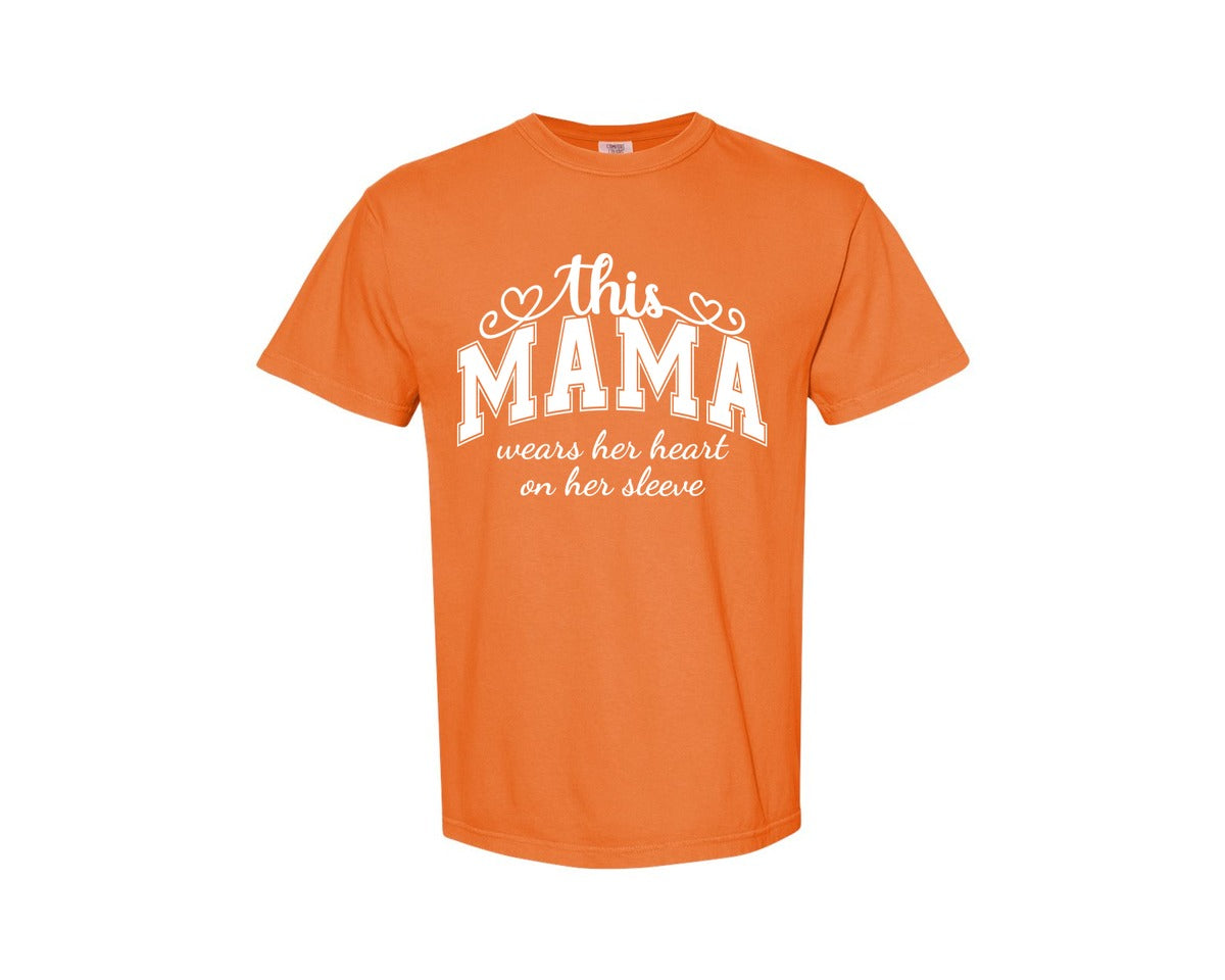 brand:Comfort Colors|color:Burnt Orange|This Mama Wears Her Heart On Her Sleeve 74 Graphic T-Shirt