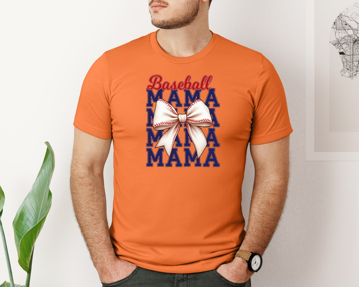 brand:Bella Canvas|color:Burnt Orange|Baseball Mama Mom Coquette Bow Game Graphic T-Shirt
