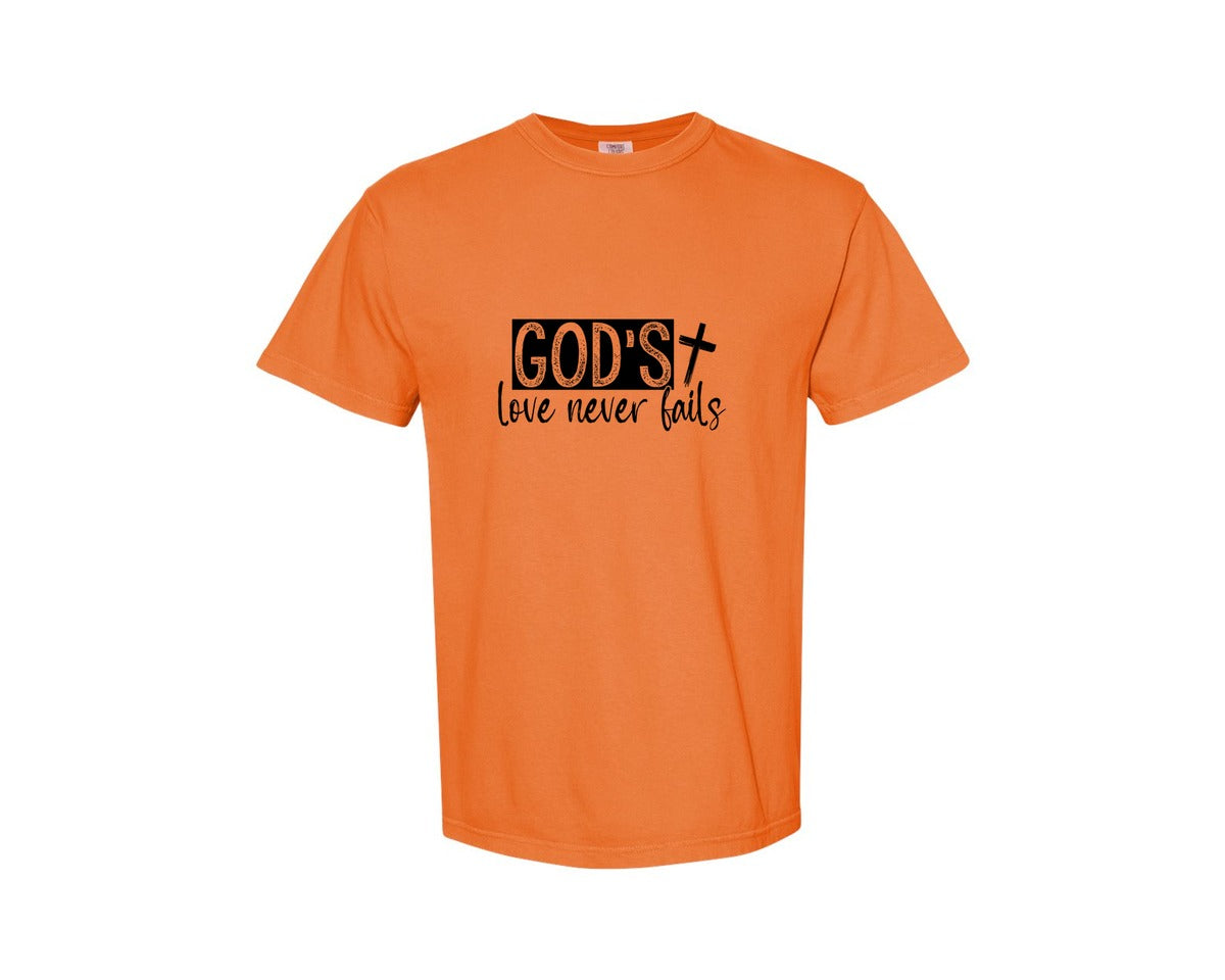 brand:Comfort Colors|color:Burnt Orange|Gods Love Never Fails Sleeve Design 2 Graphic T-Shirt