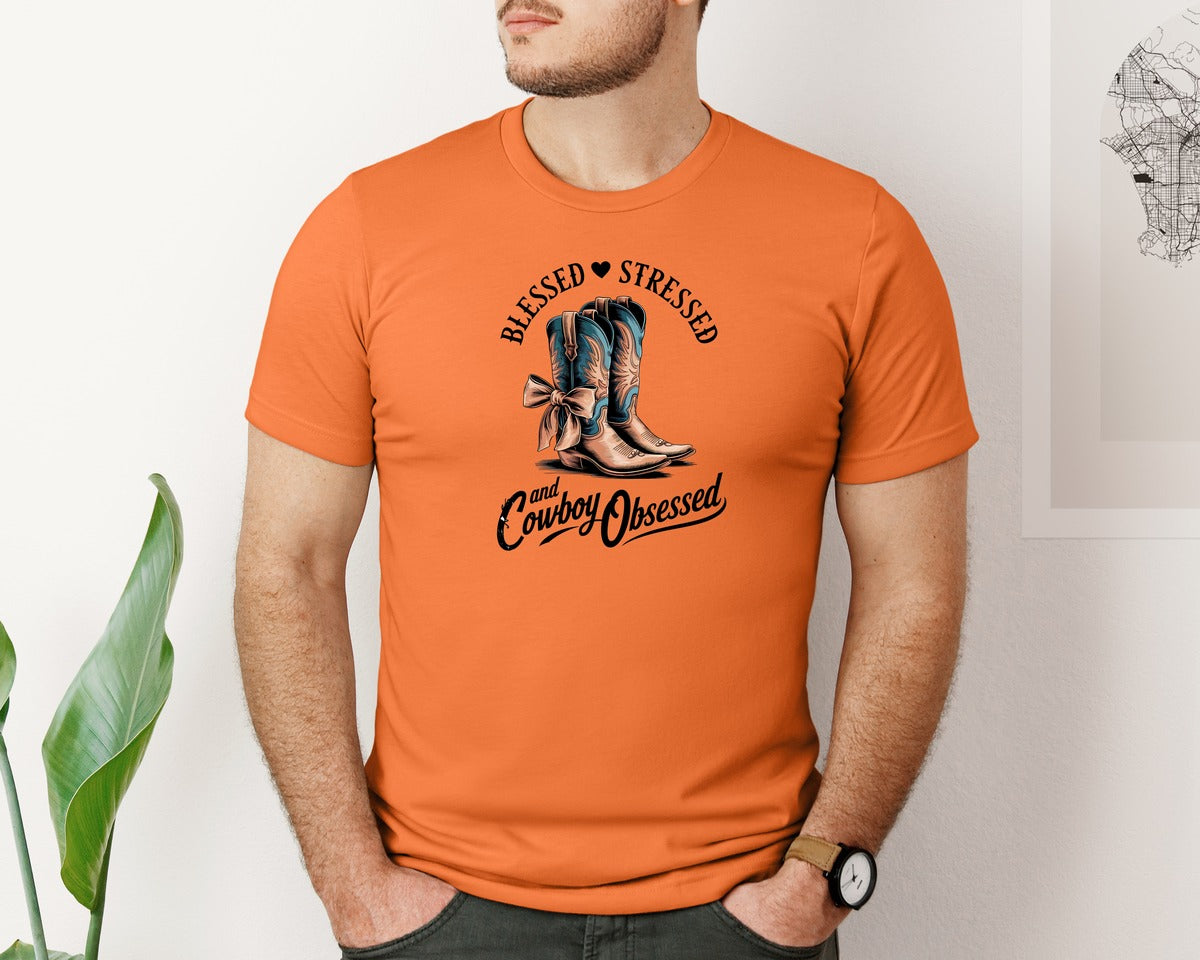 brand:Bella Canvas|color:Burnt Orange|Blessed Stressed Mom Western Mothers Day 3 Graphic T-Shirt