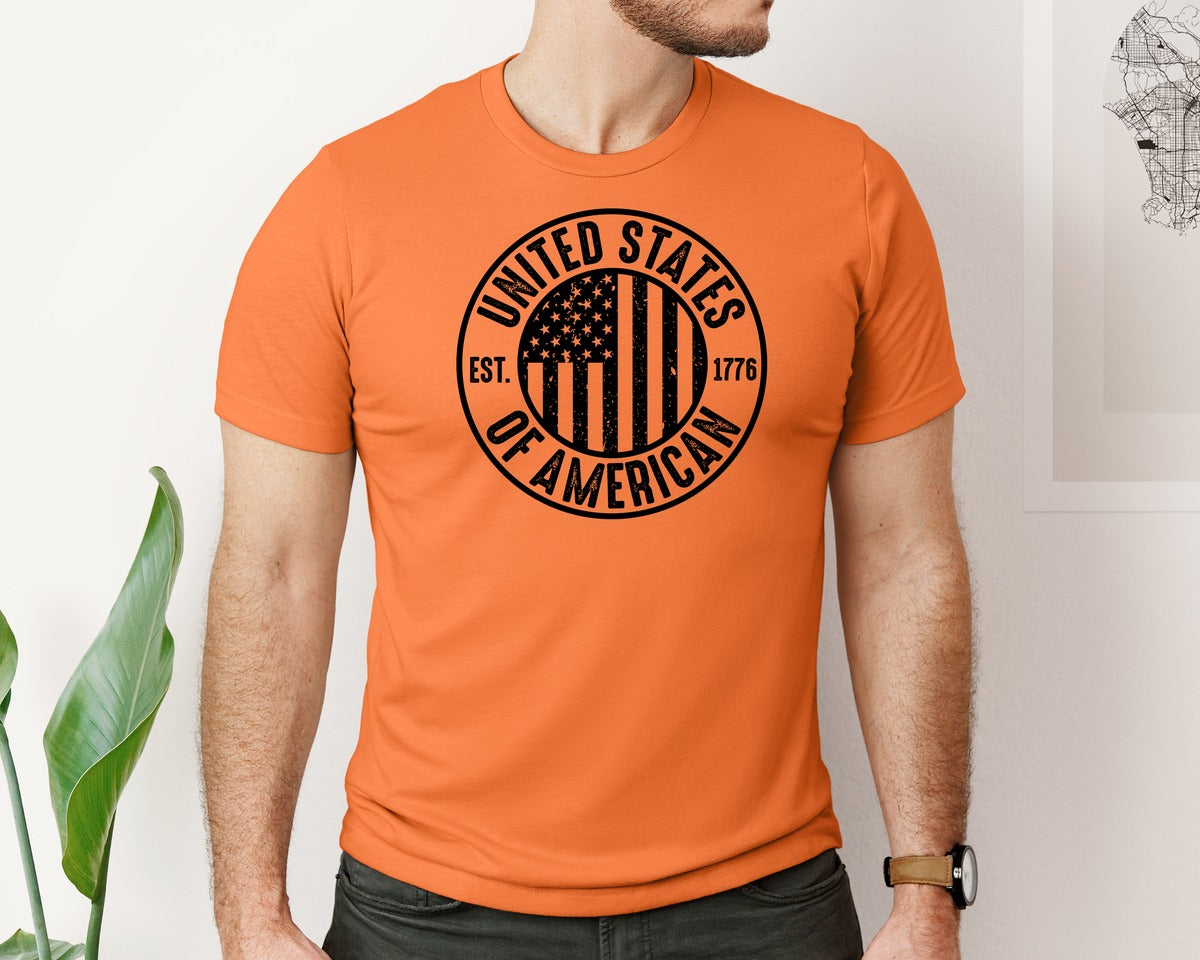 brand:Bella Canvas|color:Burnt Orange|United States Of America Patriotic Graphic T-Shirt