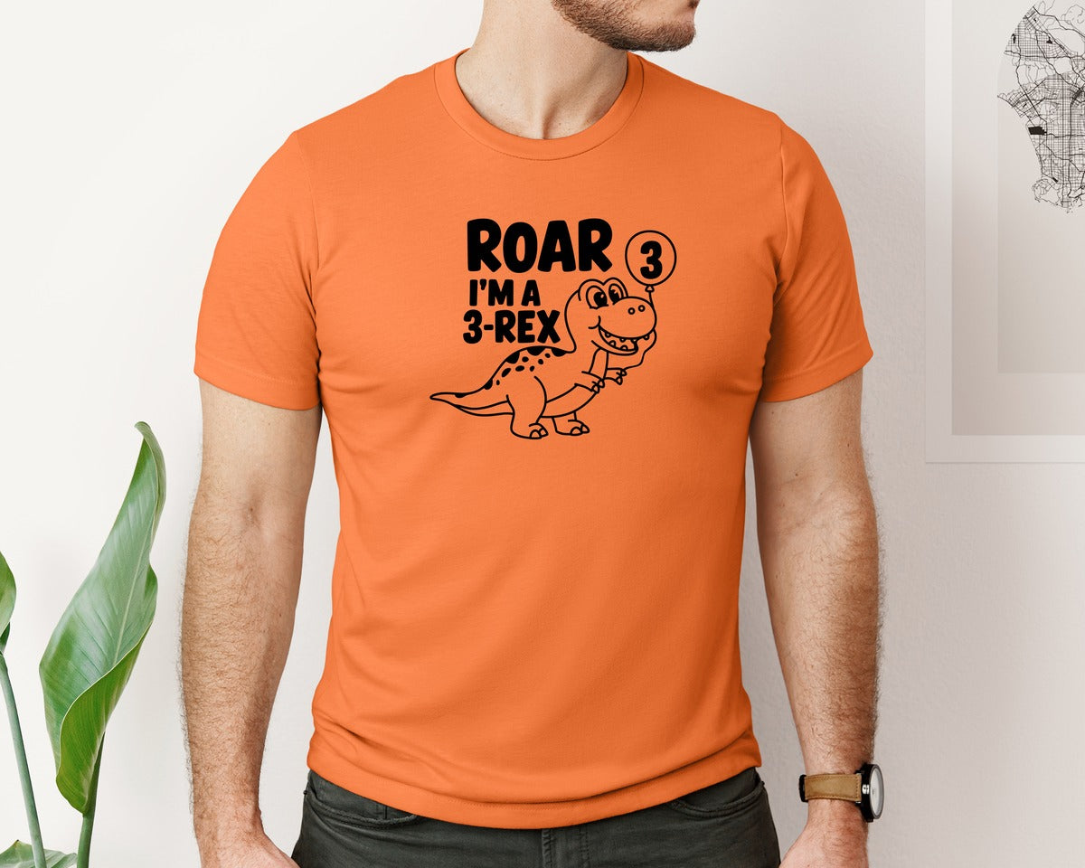 brand:Bella Canvas|color:Burnt Orange|3 Rex Dinosaur Birthday Graphic T-Shirt