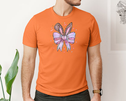 brand:Bella Canvas|color:Burnt Orange|Leopard Bunny Ears Pink Blue Bow Graphic T-Shirt