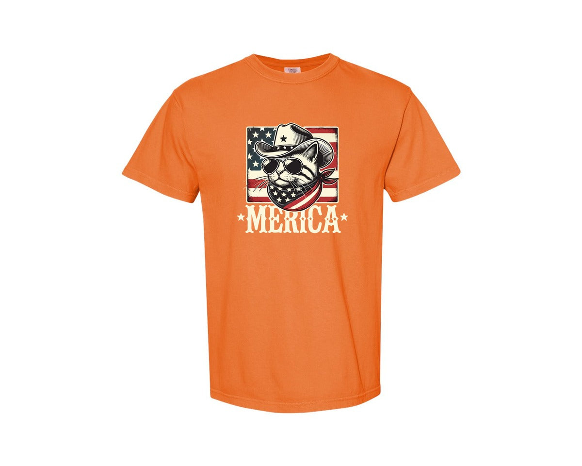 brand:Comfort Colors|color:Burnt Orange|Merica Cat Patriotic Cowboy Cat Graphic T-Shirt