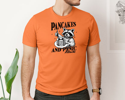 brand:Bella Canvas|color:Burnt Orange|Mental Health Raccoon Pancakes And Panic Graphic T-Shirt